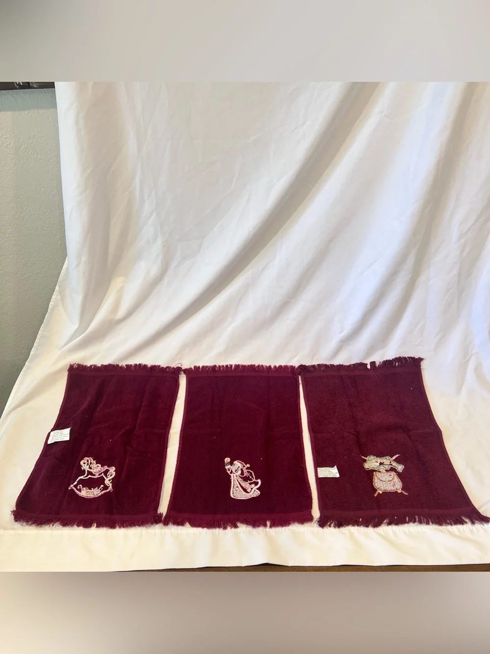 Vintage Christmas Towels Set 3 Santa Rocking Horse Burgundy
